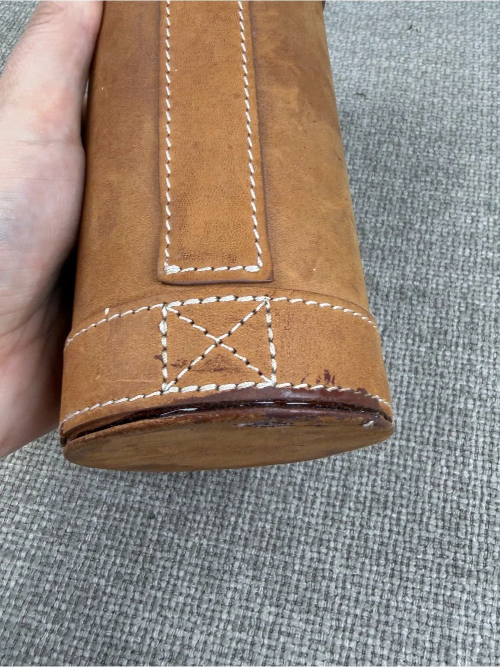 EDDIE BAUER Sport Shop Tan Leather Travel Bar Flask Cup Set Vintage Camping